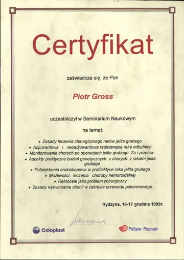 Certyfikat — dr Piotr Gross