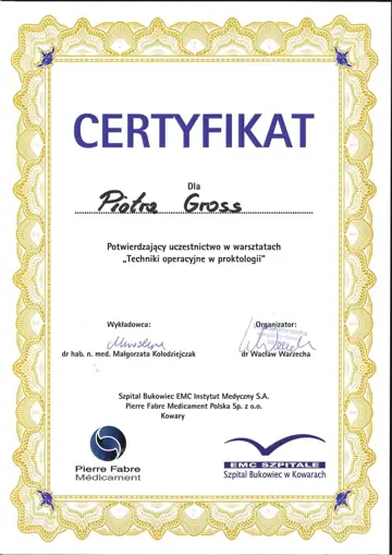 Certyfikat — dr Piotr Gross