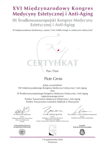 Certyfikat — dr Piotr Gross