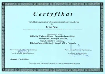 Certyfikat — dr Piotr Gross