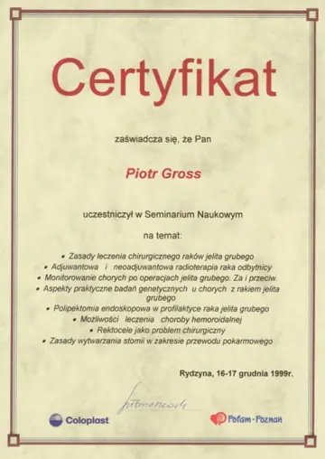 Certyfikat — dr Piotr Gross
