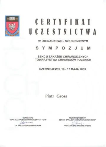 Certyfikat — dr Piotr Gross