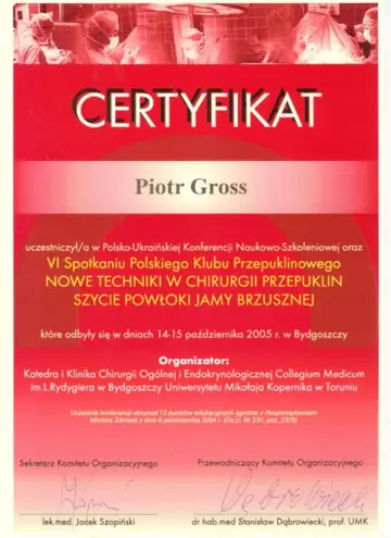 Certyfikat — dr Piotr Gross