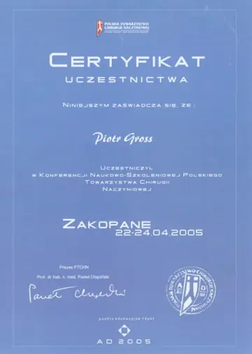 Certyfikat — dr Piotr Gross