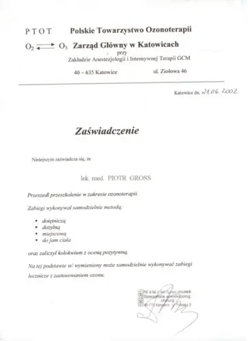 Certyfikat — dr Piotr Gross