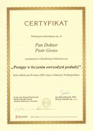 Certyfikat — dr Piotr Gross