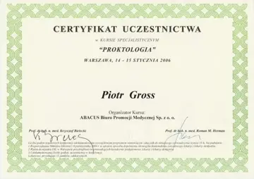 Certyfikat — dr Piotr Gross