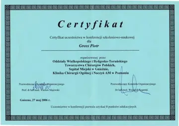 Certyfikat — dr Piotr Gross