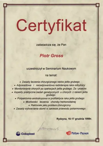 Certyfikat — dr Piotr Gross