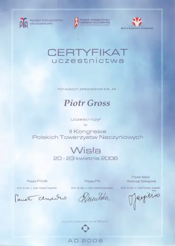 Certyfikat — dr Piotr Gross